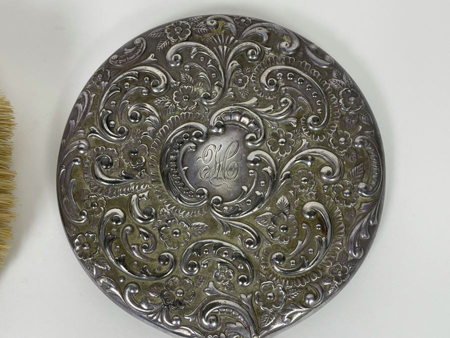 Vintage Chased Silverplate Vanity Set With Handheld Mirror And Pair Of Brushes And Vintage Repousse Silverplate Handheld Vanity Mirror [Photo 4]