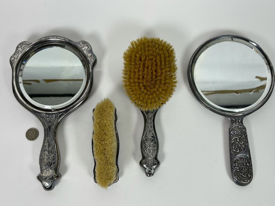 Vintage Chased Silverplate Vanity Set With Handheld Mirror And Pair Of Brushes And Vintage Repousse Silverplate Handheld Vanity Mirror [Photo 2]
