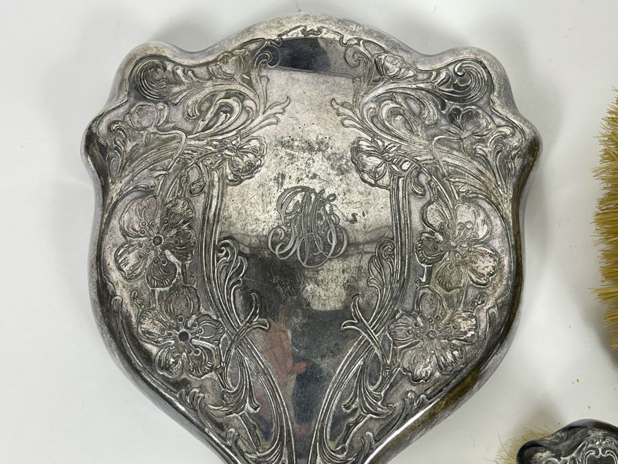 Vintage Chased Silverplate Vanity Set With Handheld Mirror And Pair Of Brushes And Vintage Repousse Silverplate Handheld Vanity Mirror [Photo 6]