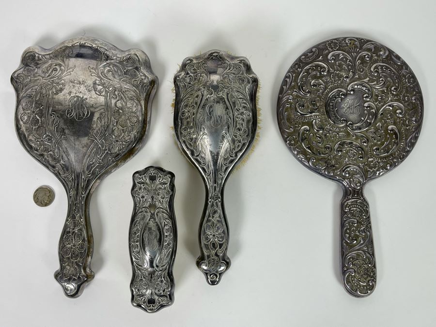 Vintage Chased Silverplate Vanity Set With Handheld Mirror And Pair Of Brushes And Vintage Repousse Silverplate Handheld Vanity Mirror [Photo 3]