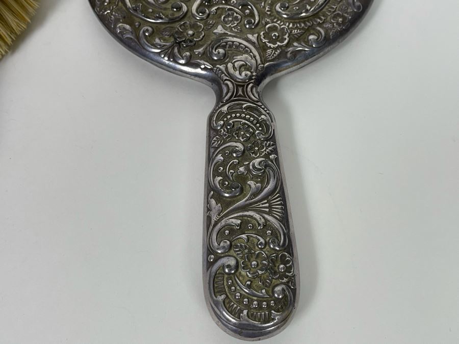 Vintage Chased Silverplate Vanity Set With Handheld Mirror And Pair Of Brushes And Vintage Repousse Silverplate Handheld Vanity Mirror [Photo 5]