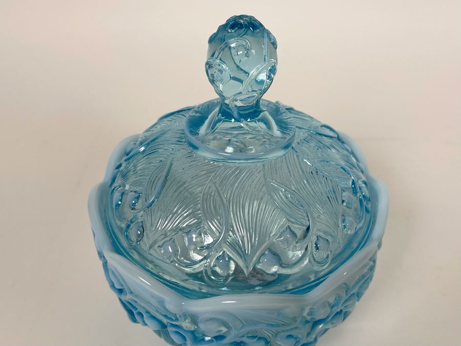 Vintage Fenton Lily Of The Valley Aqua Blue Candy Jar 6W X 7H [Photo 4]