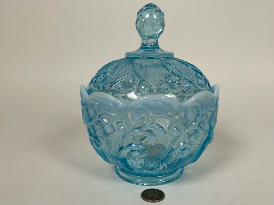 Vintage Fenton Lily Of The Valley Aqua Blue Candy Jar 6W X 7H [Photo 2]