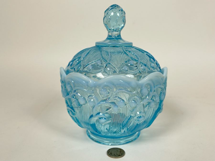 Vintage Fenton Lily Of The Valley Aqua Blue Candy Jar 6W X 7H [Photo 1]