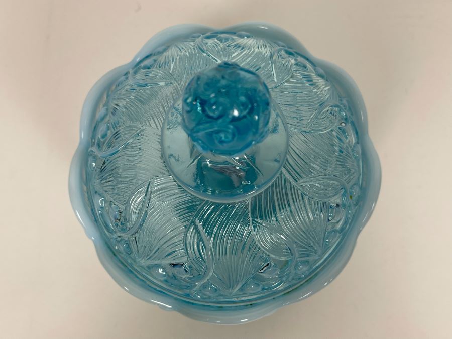 Vintage Fenton Lily Of The Valley Aqua Blue Candy Jar 6W X 7H [Photo 3]