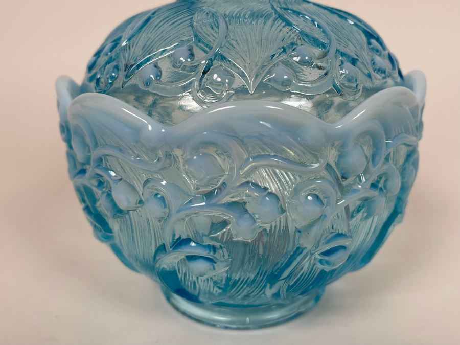 Vintage Fenton Lily Of The Valley Aqua Blue Candy Jar 6W X 7H [Photo 5]