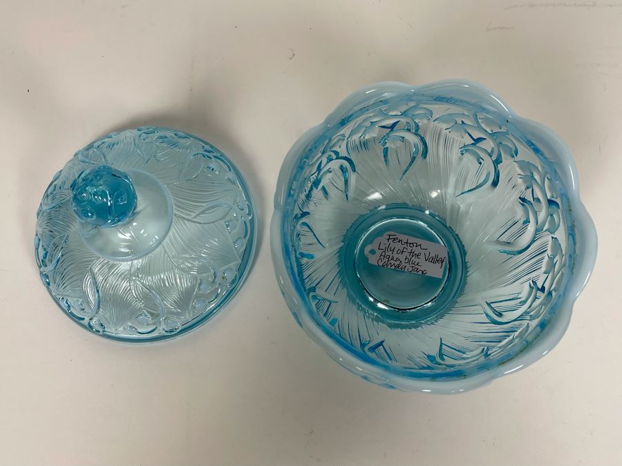 Vintage Fenton Lily Of The Valley Aqua Blue Candy Jar 6W X 7H [Photo 6]