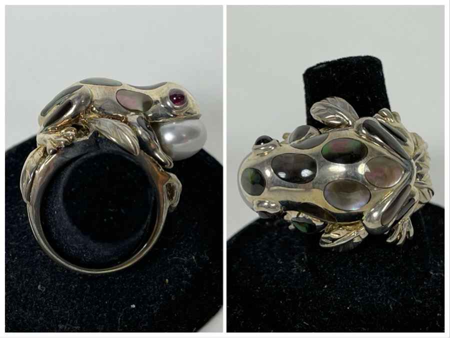 Unique Sterling Silver Frog With Pearl Ring Size 7.25 14g [Photo 1]