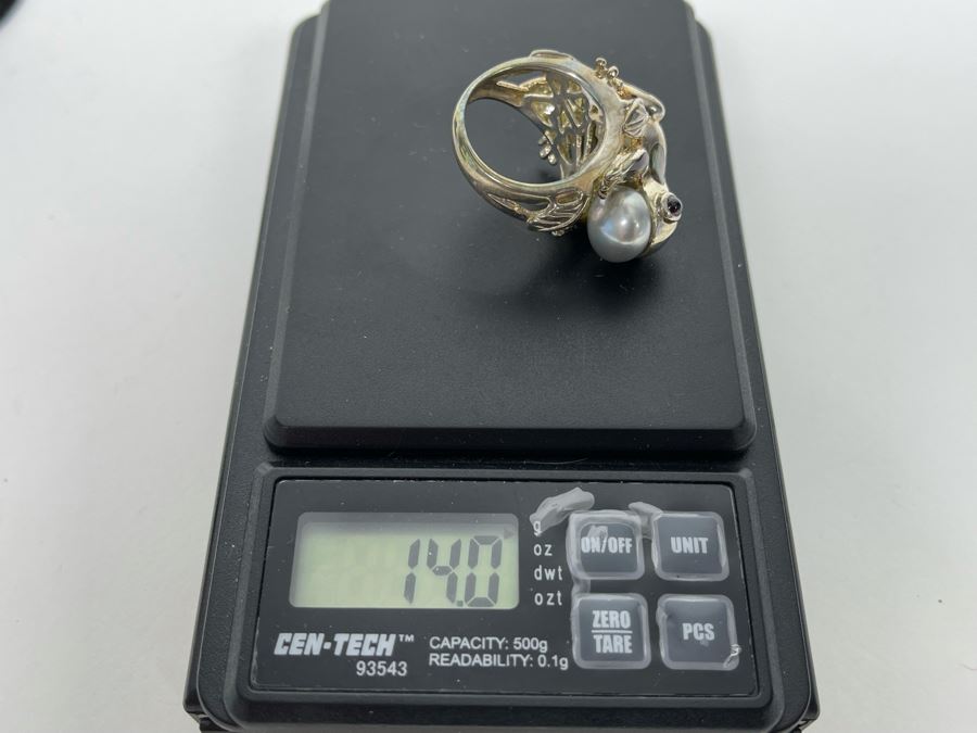 Unique Sterling Silver Frog With Pearl Ring Size 7.25 14g [Photo 12]