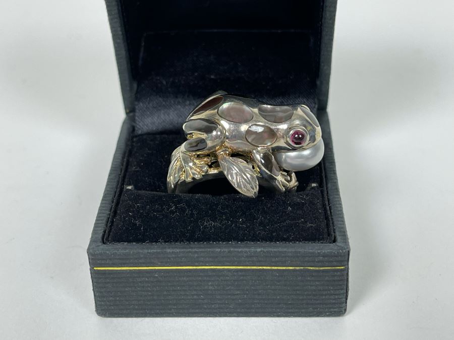 Unique Sterling Silver Frog With Pearl Ring Size 7.25 14g