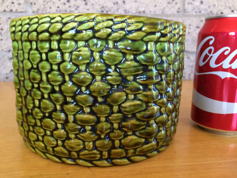 Green Woven Basket Mid-Century Pottery