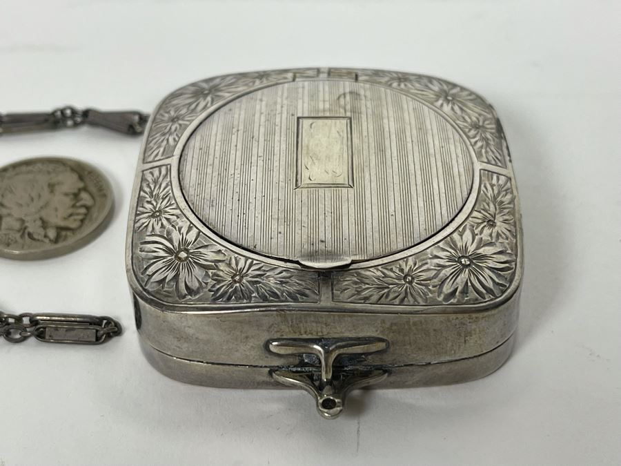 Vintage Sterling Silver Chased Compact With Mirror 43.1g [Photo 4]
