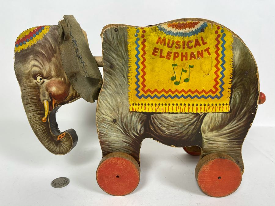 Vintage Fisher Price Toys Musical Elephant Pull Toy 145 12W X 4.5D X 7.5H