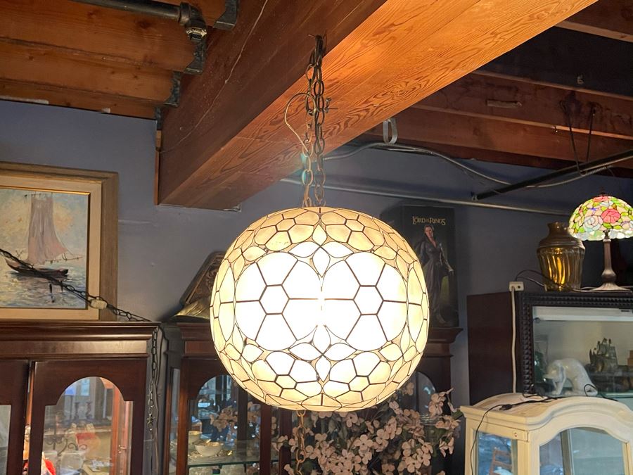 Vintage Capiz Shell Globe Penant Hanging Light Fixture With Long Cord With Wall Plug [Photo 2]