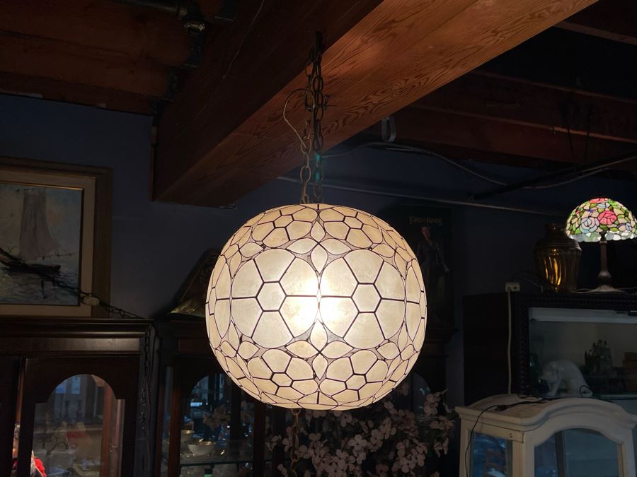 Vintage Capiz Shell Globe Penant Hanging Light Fixture With Long Cord With Wall Plug [Photo 1]