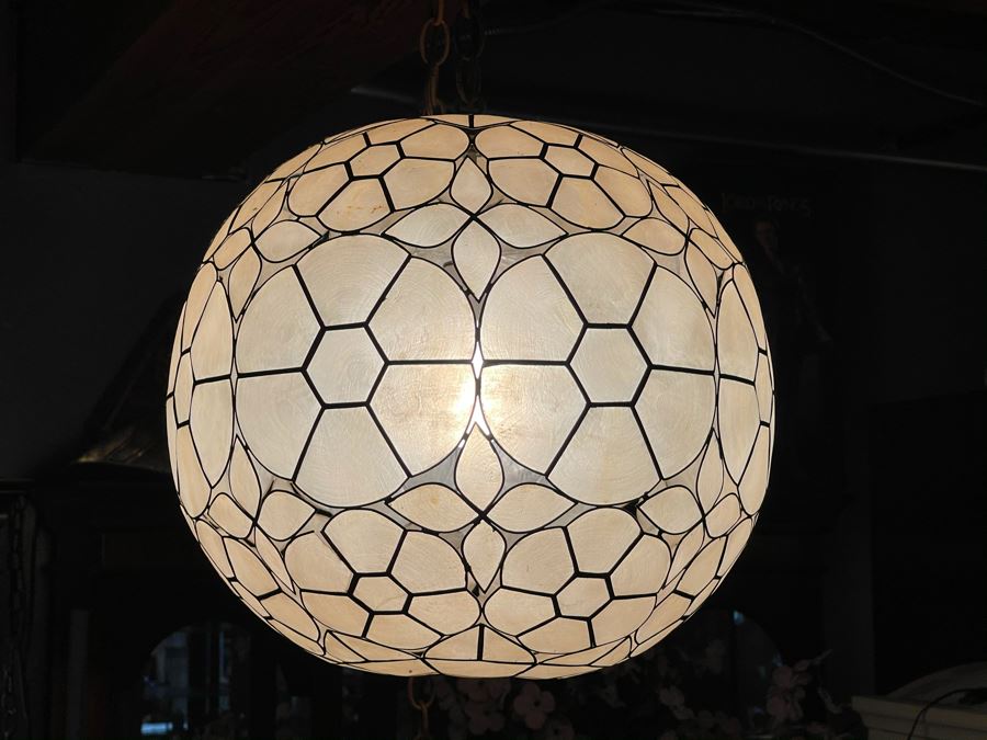 Vintage Capiz Shell Globe Penant Hanging Light Fixture With Long Cord With Wall Plug [Photo 3]