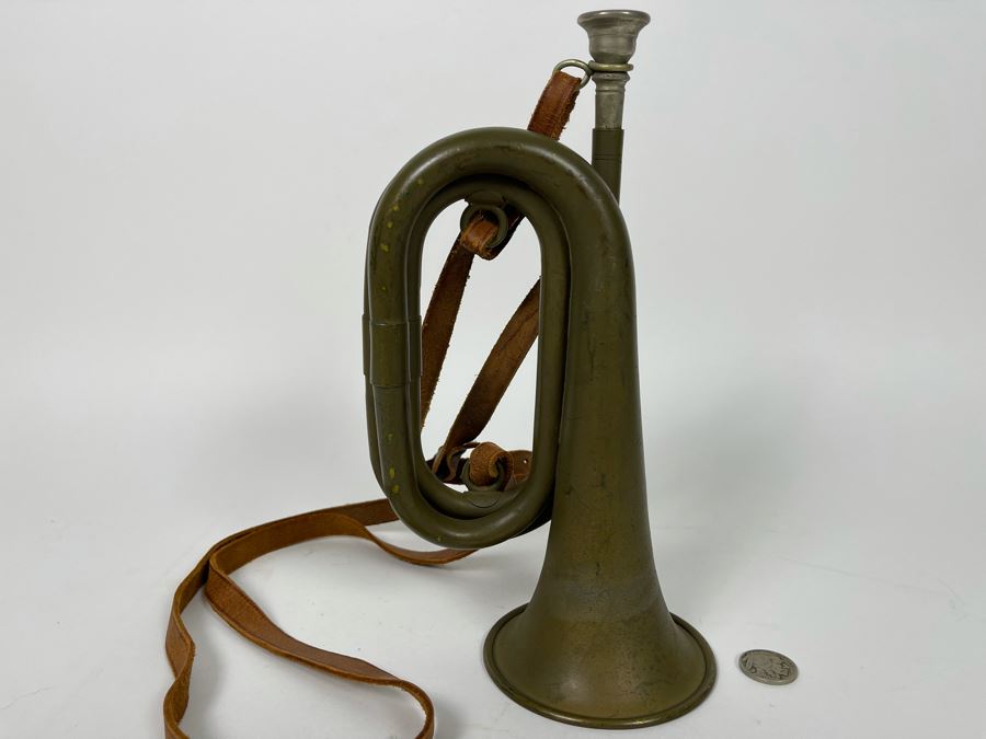 Antique WWI Military Bugle With Leather Strap 9.5L X 5.5H (Horn Is 3.5R) [Photo 4]