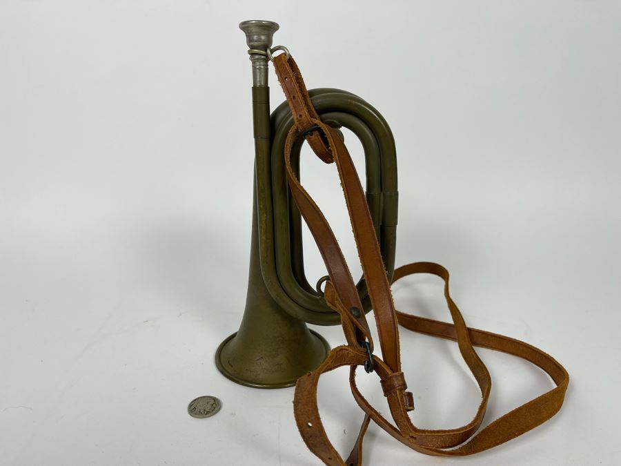 Antique WWI Military Bugle With Leather Strap 9.5L X 5.5H (Horn Is 3.5R) [Photo 7]