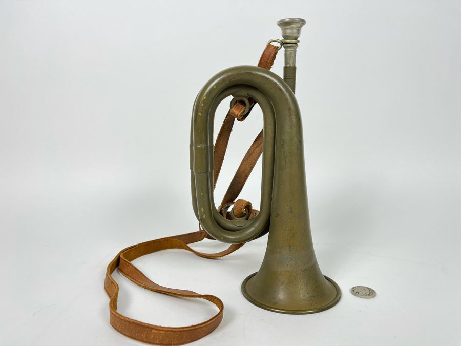 Antique WWI Military Bugle With Leather Strap 9.5L X 5.5H (Horn Is 3.5R) [Photo 3]