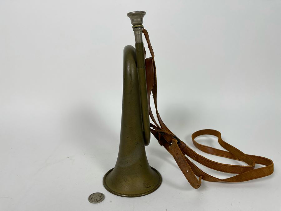 Antique WWI Military Bugle With Leather Strap 9.5L X 5.5H (Horn Is 3.5R) [Photo 8]