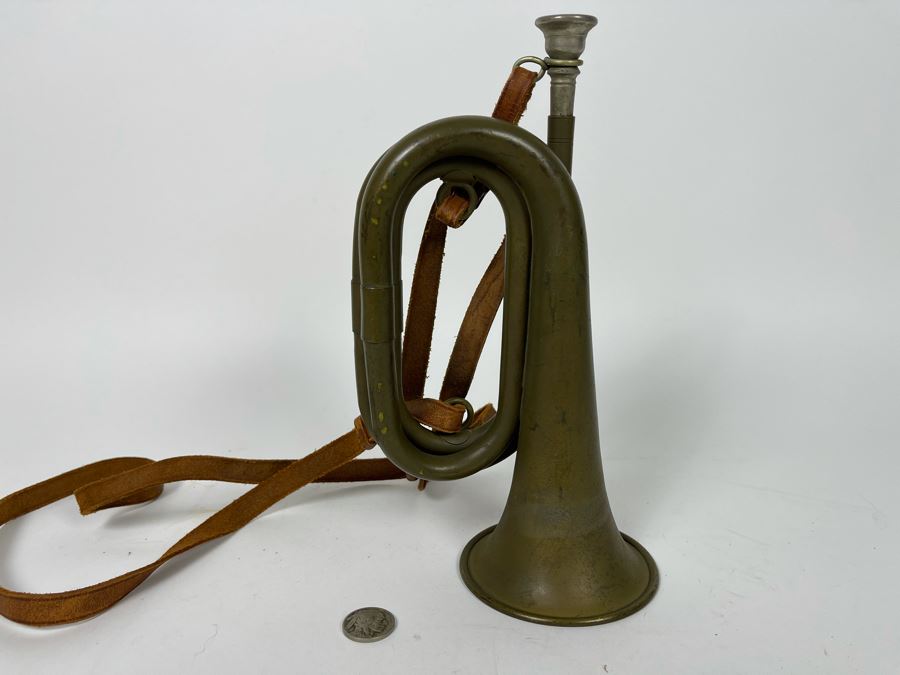 Antique WWI Military Bugle With Leather Strap 9.5L X 5.5H (Horn Is 3.5R) [Photo 10]