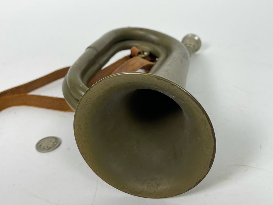 Antique WWI Military Bugle With Leather Strap 9.5L X 5.5H (Horn Is 3.5R) [Photo 16]