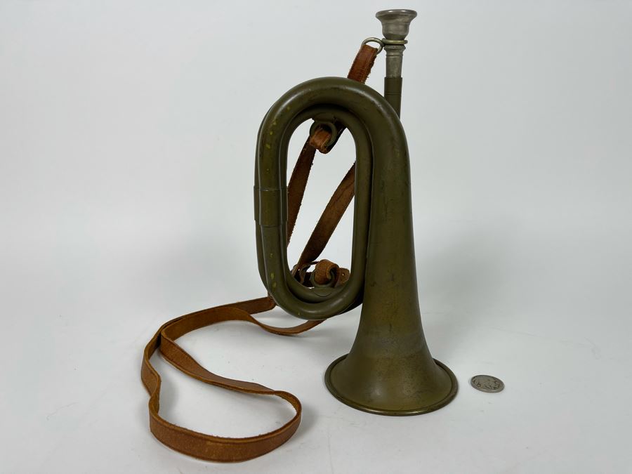 Antique WWI Military Bugle With Leather Strap 9.5L X 5.5H (Horn Is 3.5R) [Photo 2]