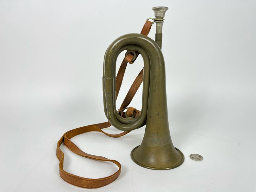 Antique WWI Military Bugle With Leather Strap 9.5L X 5.5H (Horn Is 3.5R)