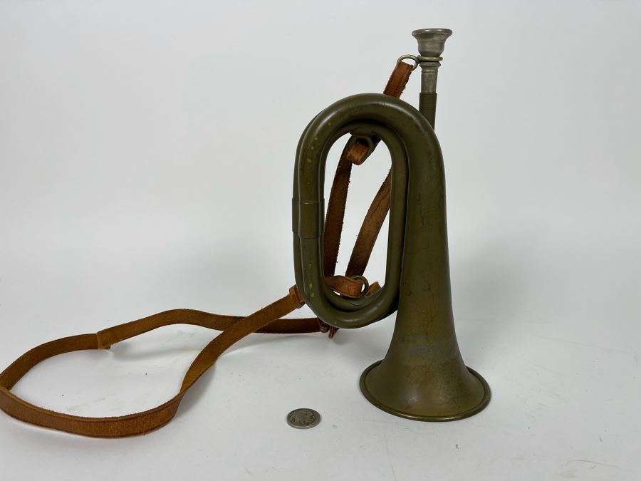 Antique WWI Military Bugle With Leather Strap 9.5L X 5.5H (Horn Is 3.5R) [Photo 11]