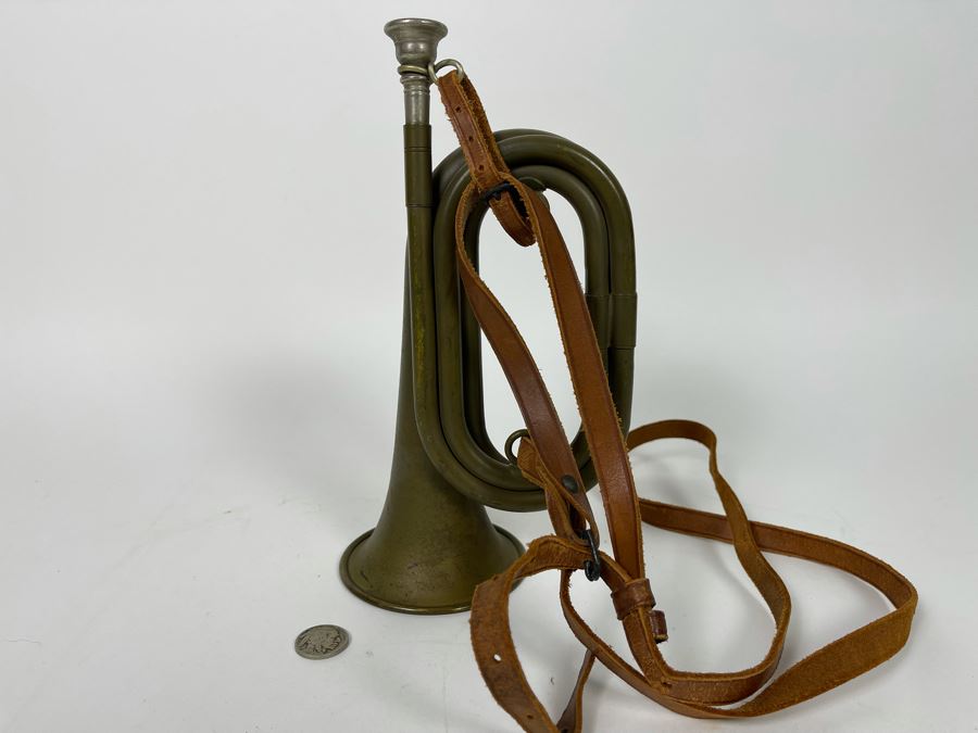 Antique WWI Military Bugle With Leather Strap 9.5L X 5.5H (Horn Is 3.5R) [Photo 6]