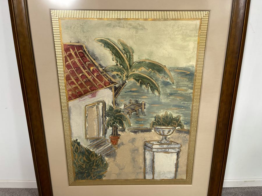 Original Framed Painting Signed J. Combe - Beachside Home With Dock (Artwork Measures 22 X 30) - Client's Home Featured In San Diego Better Home/Garden [Photo 3]