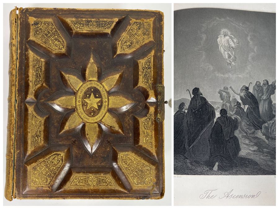 Beautiful Antique Leather Bible Embossed Cover With Gilt Hightlights Published By P. Gallagher Philadelphia, PA 12 X 10 X 4 (Front And Back Covers Are Not Attached) [Photo 1]