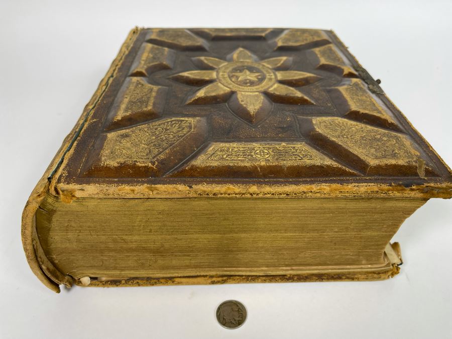 Beautiful Antique Leather Bible Embossed Cover With Gilt Hightlights Published By P. Gallagher Philadelphia, PA 12 X 10 X 4 (Front And Back Covers Are Not Attached) [Photo 9]