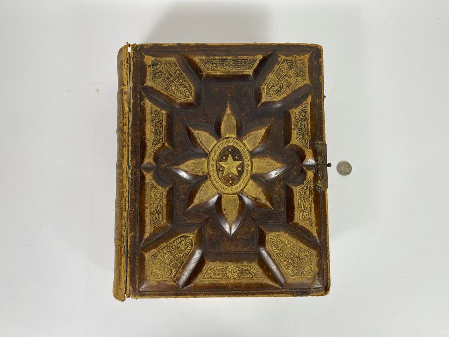 Beautiful Antique Leather Bible Embossed Cover With Gilt Hightlights Published By P. Gallagher Philadelphia, PA 12 X 10 X 4 (Front And Back Covers Are Not Attached) [Photo 6]