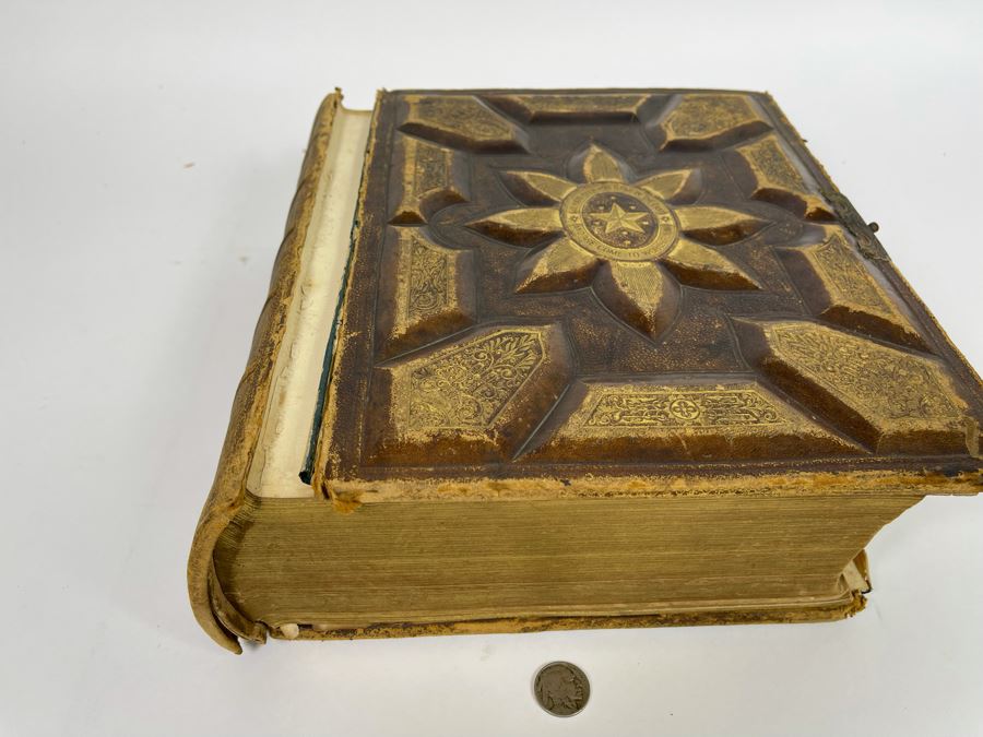 Beautiful Antique Leather Bible Embossed Cover With Gilt Hightlights Published By P. Gallagher Philadelphia, PA 12 X 10 X 4 (Front And Back Covers Are Not Attached) [Photo 10]