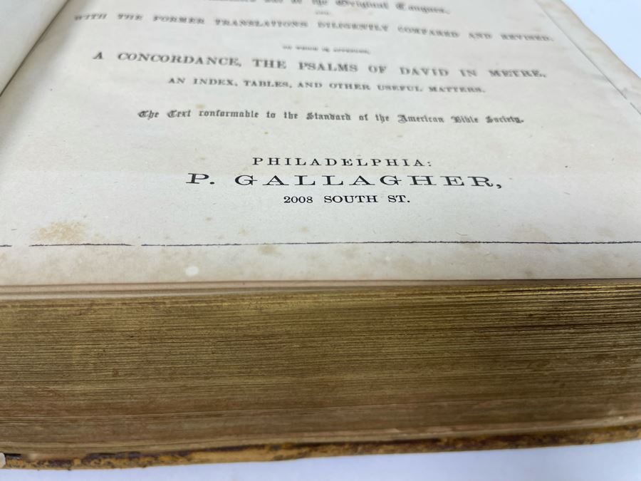 Beautiful Antique Leather Bible Embossed Cover With Gilt Hightlights Published By P. Gallagher Philadelphia, PA 12 X 10 X 4 (Front And Back Covers Are Not Attached) [Photo 16]