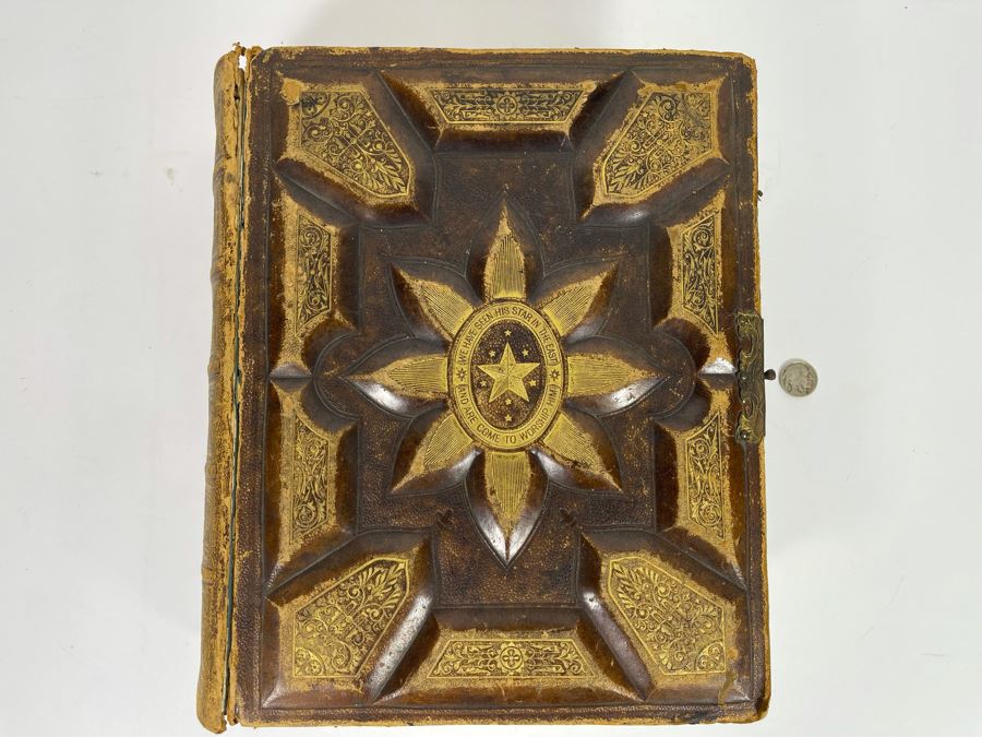 Beautiful Antique Leather Bible Embossed Cover With Gilt Hightlights Published By P. Gallagher Philadelphia, PA 12 X 10 X 4 (Front And Back Covers Are Not Attached) [Photo 3]