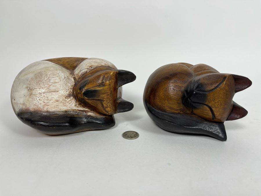 Pair Of Carved Wooden Sleeping Cats (One Is Signed Kato) [Photo 1]