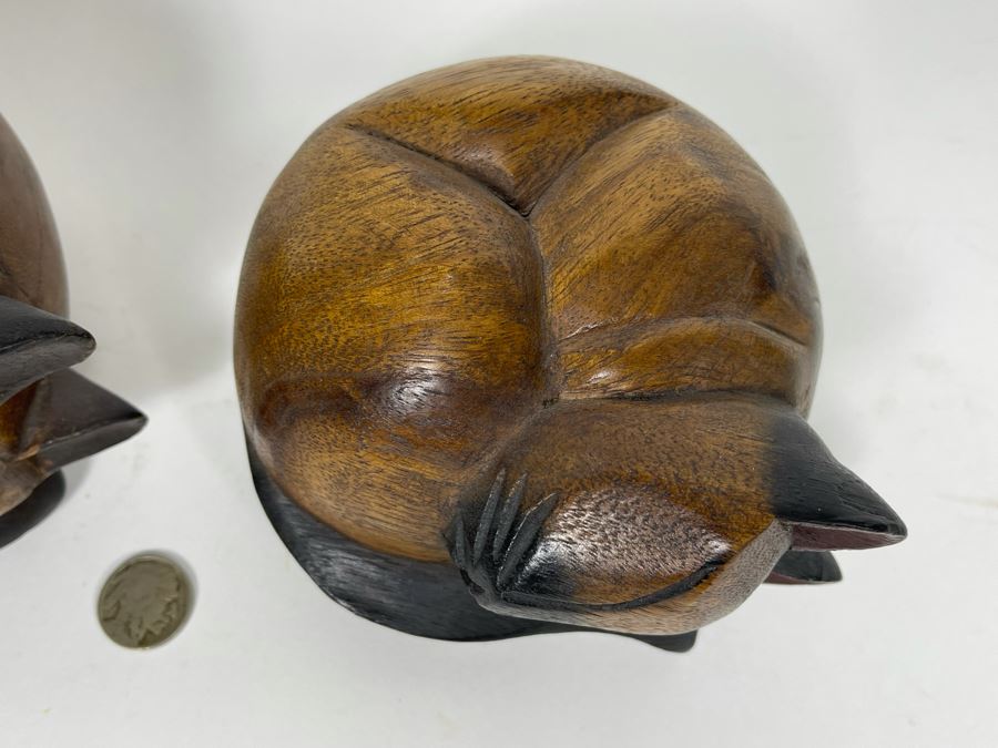 Pair Of Carved Wooden Sleeping Cats (One Is Signed Kato) [Photo 5]