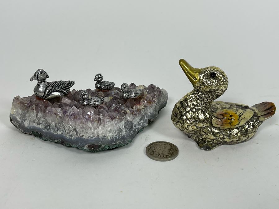 Amethyst Geode With Metal Ducks And Signed Metal Enamel Duck [Photo 2]