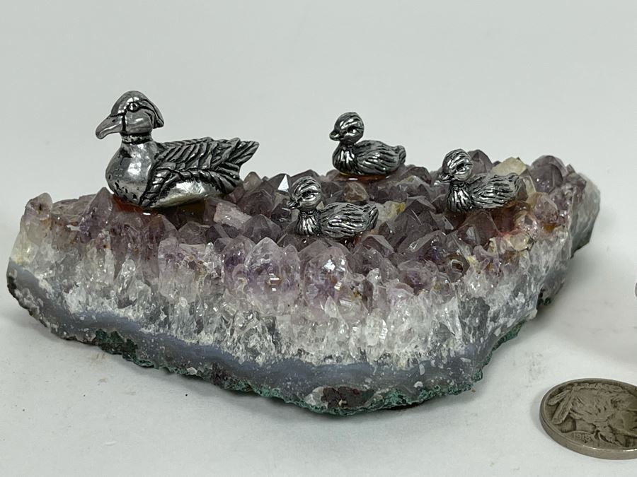 Amethyst Geode With Metal Ducks And Signed Metal Enamel Duck [Photo 3]