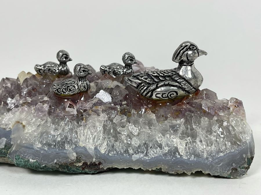 Amethyst Geode With Metal Ducks And Signed Metal Enamel Duck [Photo 12]