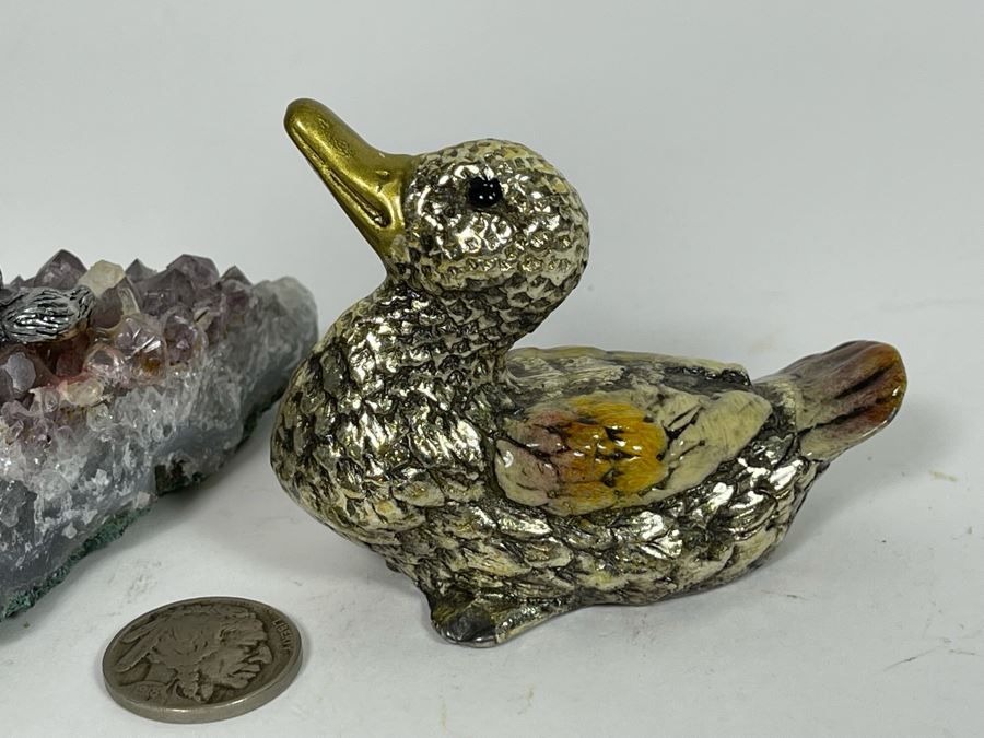 Amethyst Geode With Metal Ducks And Signed Metal Enamel Duck [Photo 5]