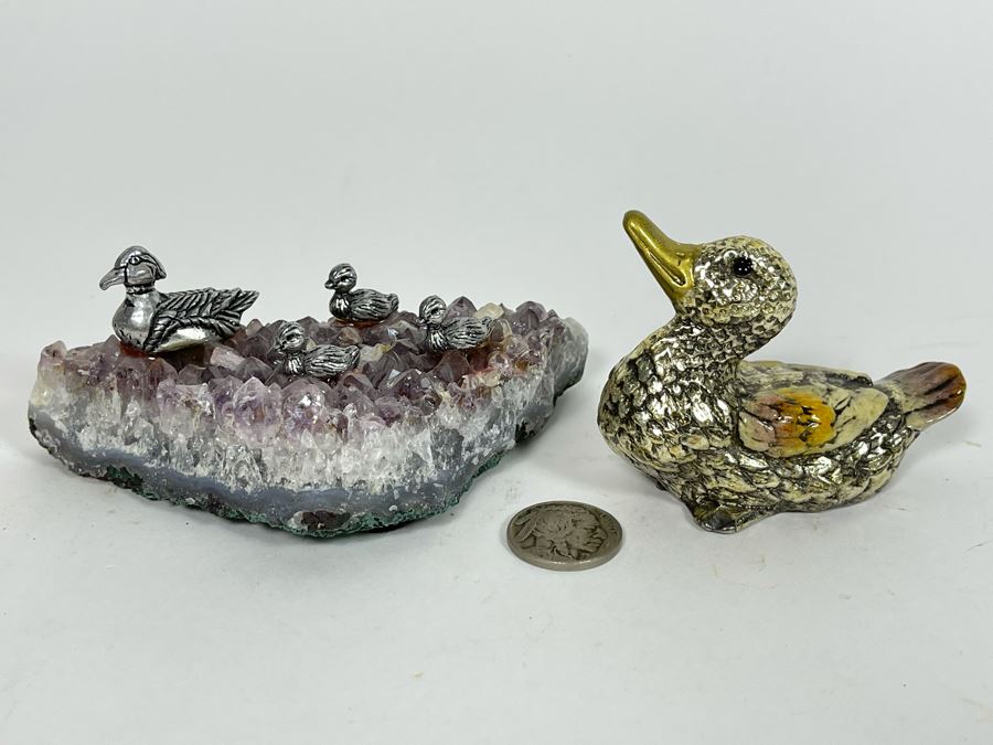 Amethyst Geode With Metal Ducks And Signed Metal Enamel Duck [Photo 1]