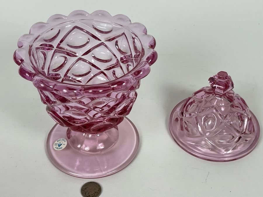 Vintage Pink Handmade Dalzell Viking Glass Candy Jar With Original Tags 5W X 8.5H [Photo 6]