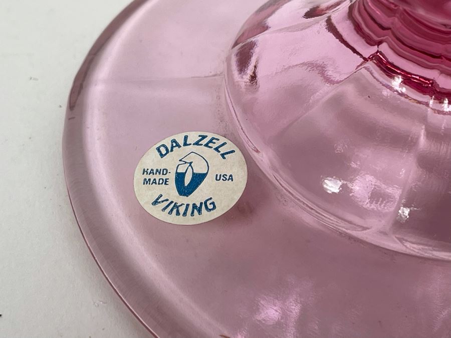 Vintage Pink Handmade Dalzell Viking Glass Candy Jar With Original Tags 5W X 8.5H [Photo 3]