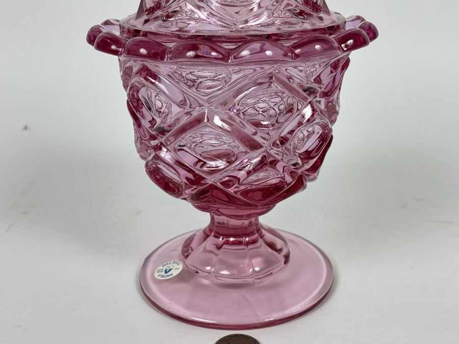 Vintage Pink Handmade Dalzell Viking Glass Candy Jar With Original Tags 5W X 8.5H [Photo 2]