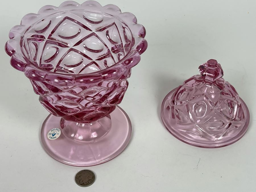 Vintage Pink Handmade Dalzell Viking Glass Candy Jar With Original Tags 5W X 8.5H [Photo 5]