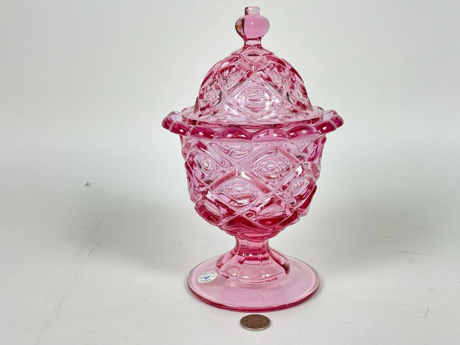 Vintage Pink Handmade Dalzell Viking Glass Candy Jar With Original Tags 5W X 8.5H [Photo 1]