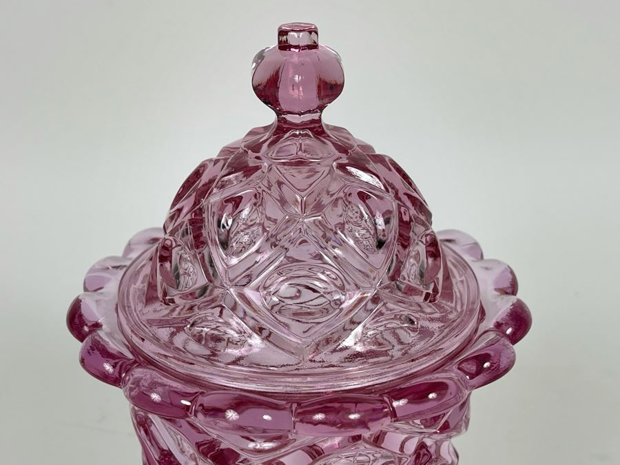 Vintage Pink Handmade Dalzell Viking Glass Candy Jar With Original Tags 5W X 8.5H [Photo 4]